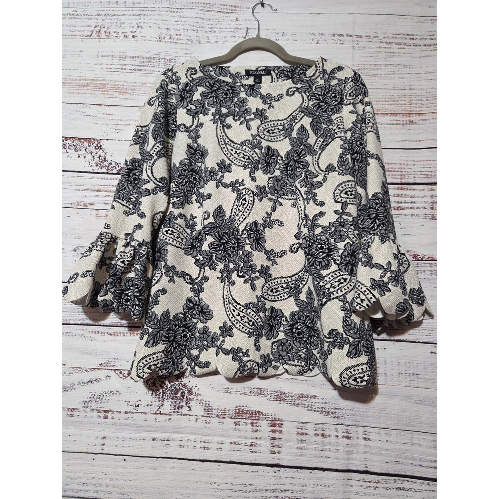 Roz & Ali Womens Black White Floral Paisley Bell Sleeve Scallop Hem Blouse M